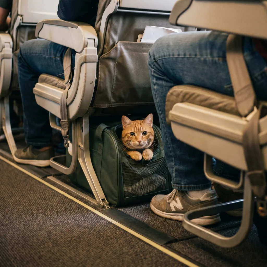 Кошка в переноске под креслом в салоне самолёта