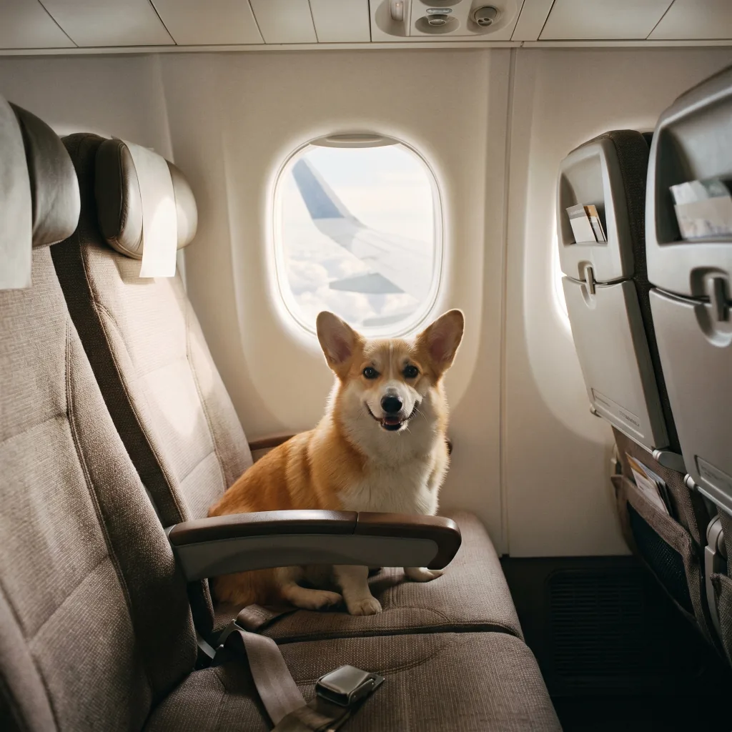 Собака в транспортировочном боксе в грузовом отсеке самолёта