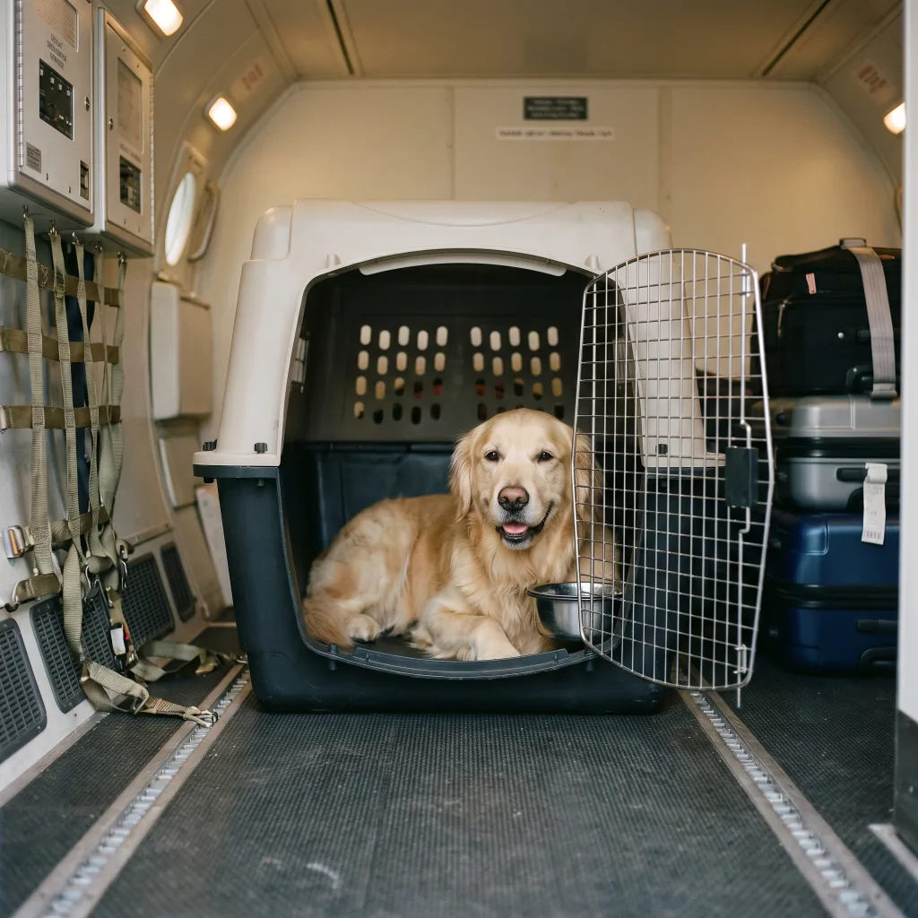 Собака на соседнем кресле у иллюминатора в салоне самолёта