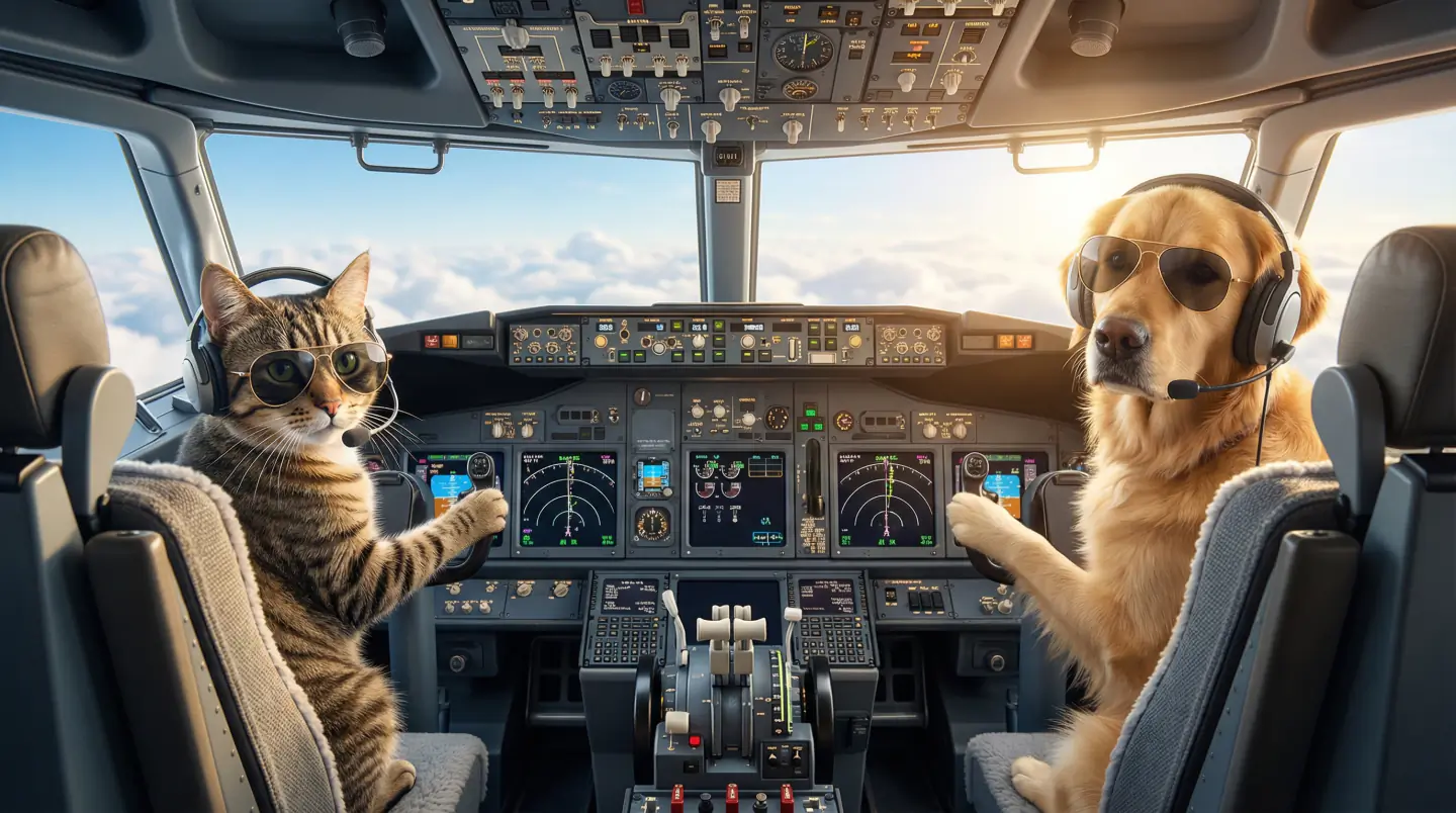 Кот и собака в кабине самолета
